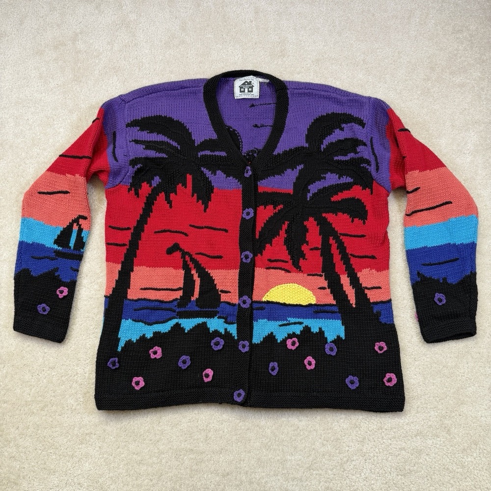 Storybook Knits Cardigan Sweater Womens 1X Nautical Sunset Sailboat Palm Trees